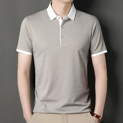 2024 Men's New Striped Cotton Business Casual Short Sleeved POLO Shirt Fashion Short Sleeved Comfortable and Breathable Top