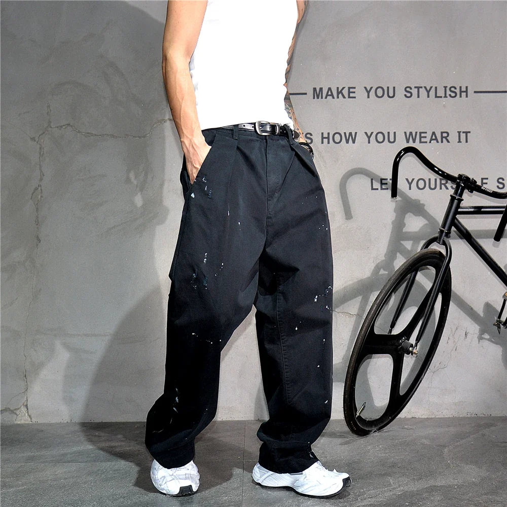 ‌Japanese Premium Vintage Distressed Paint Splash Cargo Pants Men Streetwear Loose Casual Straight Leg Haram Trousers Trendy