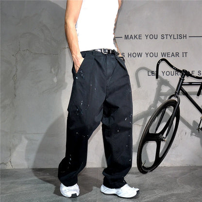 ‌Japanese Premium Vintage Distressed Paint Splash Cargo Pants Men Streetwear Loose Casual Straight Leg Haram Trousers Trendy