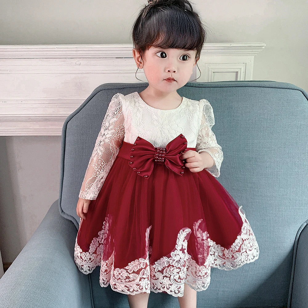 Long Sleeve Baby Girls Dress Newborn White Baptism Tulle Party Wedding 1st Birthday Princess Dresses Infant Girls Bow Prom Gown
