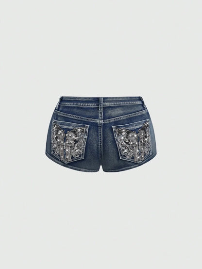 Low Rise Distressed Denim Shorts Female Jeans Womens Jeans Shorts Vintage Y2K Punk Style Embroidered Hot Pants