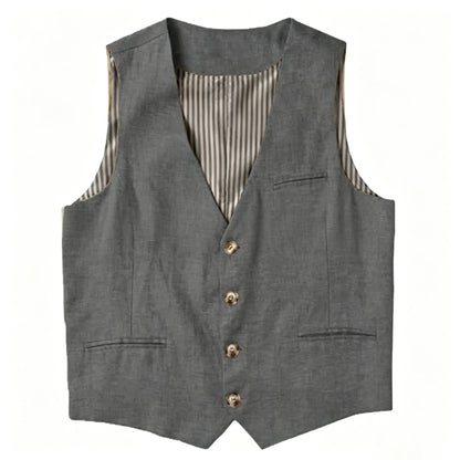 Beige Linen Men's Vest V Neck Summer Waistcoat Single Breasted Light Weigt Men's Suits Vest