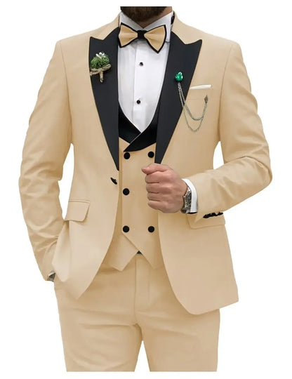 Slim Fit Men Suits Double Breasted Groom Formal Business Male Blazer Set Peak Lapel Party Wedding Tuxedo (Jacket+Vest+Pants)