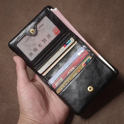 Retro Genuine Leather Short Wallet Men and Women Bifold Money Clip Credit Card Holder with Zipper Coin Pocket Small Purse