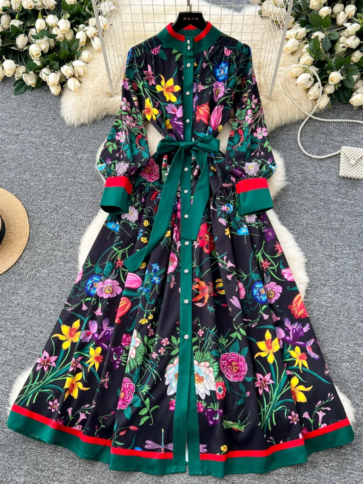 Retro Faion Print Stand Collar Single Button Women's Dr Waist Cinched Floor Length Skirt Korean Sle High Waist Long Sl...