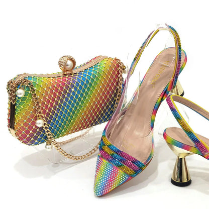 Italian Pointed Toe Wedding Shoes Gold Color Summer Sandal for Women 2023 High Heels Rhinestone Shoe and Bag Set