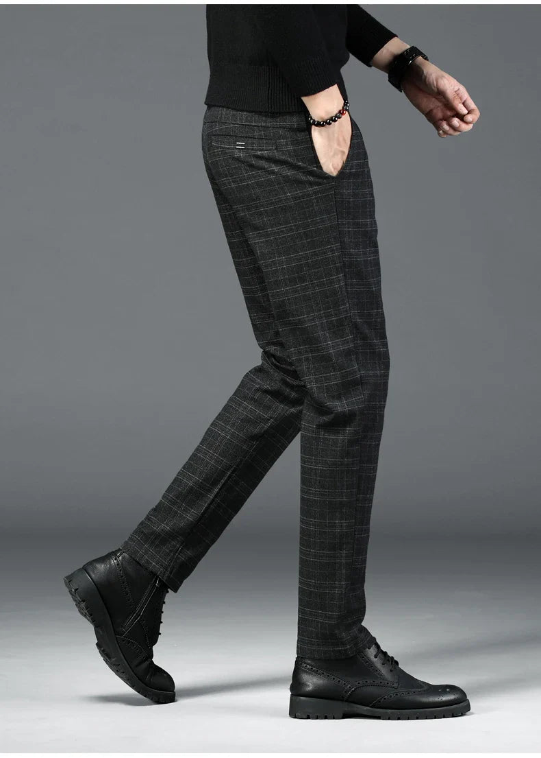 Autumn New Men's Plaid Striped Business Casual Pants Classic Fashionable Straight Elastic Casual Trousers Black Gray Male