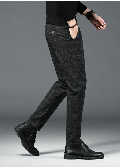 Autumn New Men's Plaid Striped Business Casual Pants Classic Fashionable Straight Elastic Casual Trousers Black Gray Male