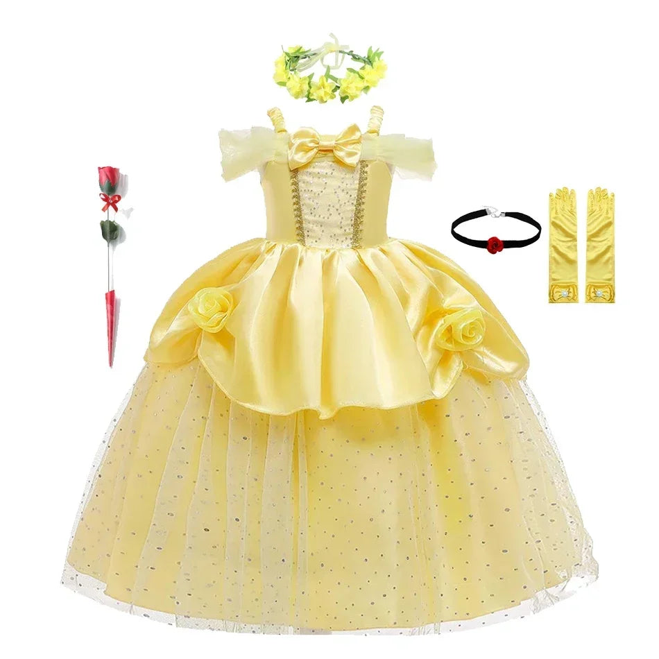 Girls Belle Cosplay Costumes Girls Dresses for Beauty Kids Party Clothing Magic Stick Crown Children Yellow Dress and The Beast