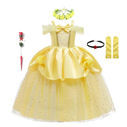 Girls Belle Cosplay Costumes Girls Dresses for Beauty Kids Party Clothing Magic Stick Crown Children Yellow Dress and The Beast