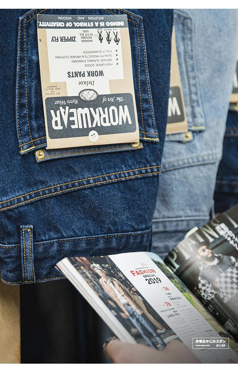 Men Vintage Washed Denim Jeans 12.8 OZ Straight Dark Blue Loose Casual Wide Leg Pants Male Streetwear Blue Jeans Trousers