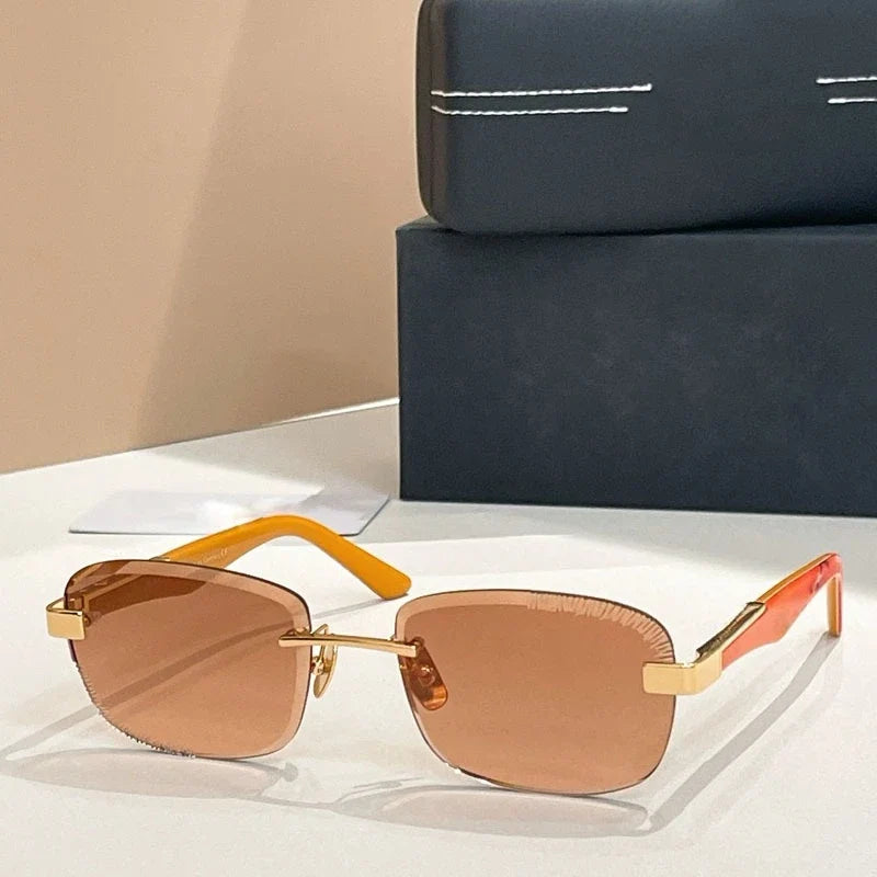 Rimless Sunglasse Men Alloy Square Diamond Cut Germany Trendy High Quality UV400 Classical Vintage Glasses with Case