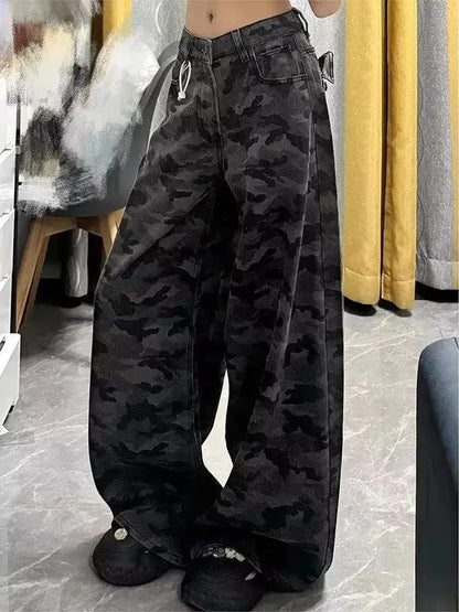 American Sle Camouflage Workwear Jeans Women's Spring Summer New plus Size Fat MM High Waist Loose Slim Straight Leg Pants