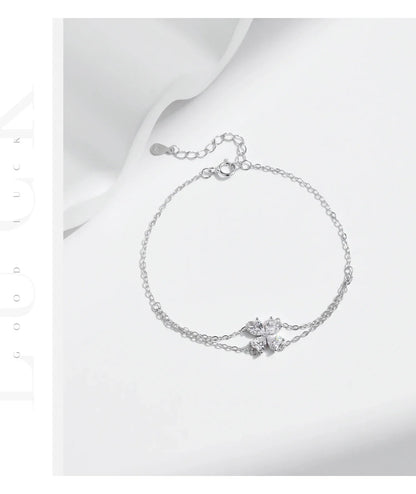 925 Sterling Silver Double Layer Flowers Hearts CZ Romantic Bracelet Luxury Adjustable Chain Link for Women Jewelry