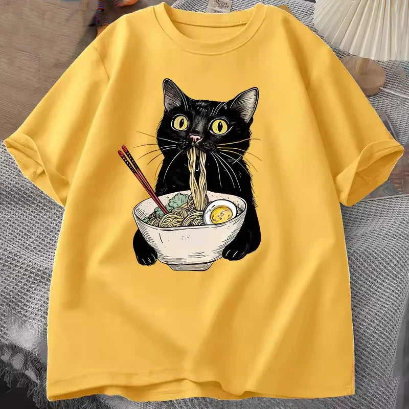 Cotton Noodle Ramen Cat T Shirt Foodie Lover T Shirts Black Cat  T-Shirts Retro Casual Short Sleeve Tshirt Men Women Clothes