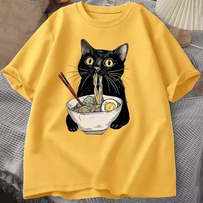 Cotton Noodle Ramen Cat T Shirt Foodie Lover T Shirts Black Cat  T-Shirts Retro Casual Short Sleeve Tshirt Men Women Clothes