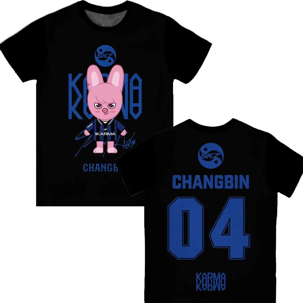 2026 New KPOP KARMA Fan Support T-Shirt Korean Fashion HYUNJIN Cartoon Print Tee Men's Women's Y2K Harajuku Style Round Neck Top