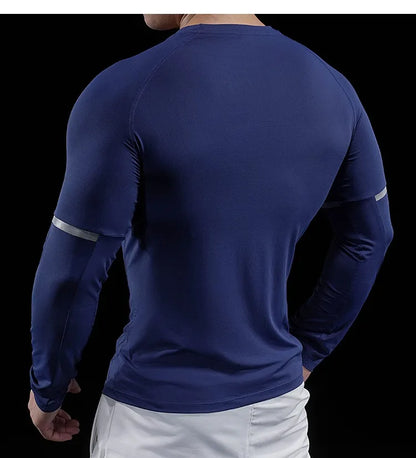Autumn New Men's Sports Gym Fitness Clothes Reflective Strips Round Neck Training Long-sleeved T-shirt Running Slim Breathable