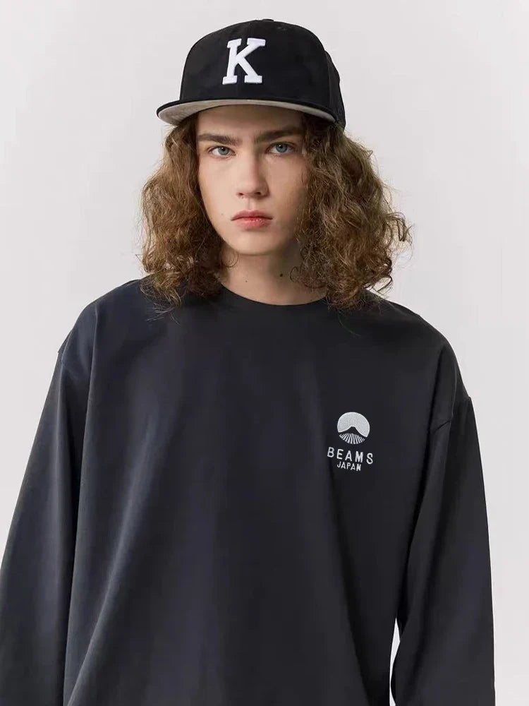 Autumn Limited Edition Japan Fuji Mountain Embroidered Loose Couple Men Women Long Sleeve T-Shirt Cotton Casual O-Neck Tops
