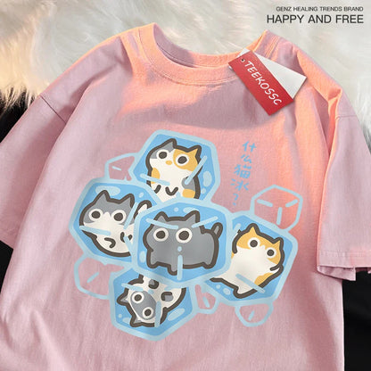Ice Cat Fun Cartoons Cats Print Clothes Men Women Oversize Breathable T Shirt Summer Comfortable Casual T-Shirt Cotton Tee Shirt