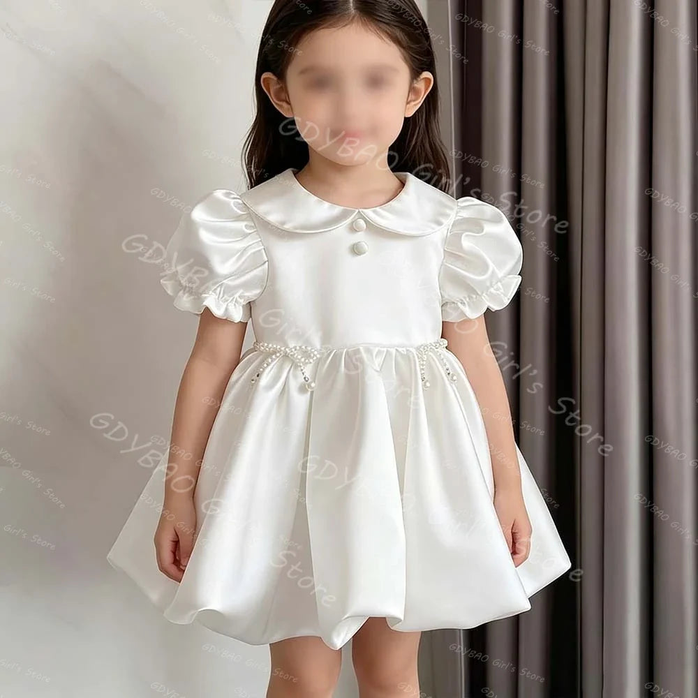 Baby Girls Princess Dress Peter Pan Neck Short Sleeves Flower Girl Dress for Wedding Toddlers Bubble Hem Mini Party Gown Custom