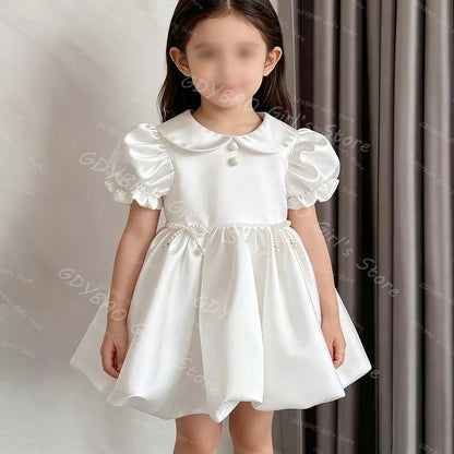Baby Girls Princess Dress Peter Pan Neck Short Sleeves Flower Girl Dress for Wedding Toddlers Bubble Hem Mini Party Gown Custom