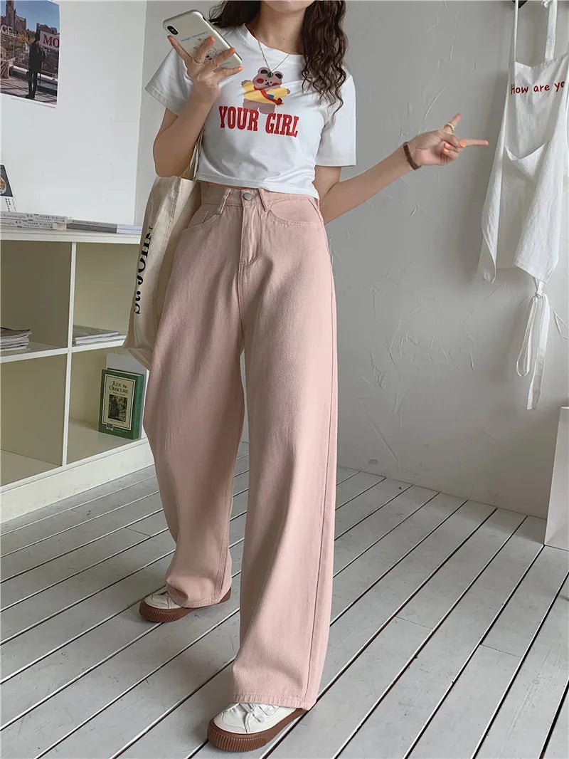 Korean Sle Simple Pure Color Wide Leg Jeans Pants for Women Summer Season Fall Collection Faion Ladies Premium Denim