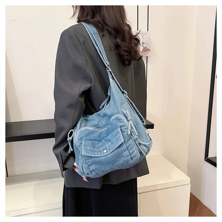 Solid Color Denim Trendy Shoulder Bag for 2025 High Quality Fashion Zipper Large Capacity Versatile Women's Crossbody Bag