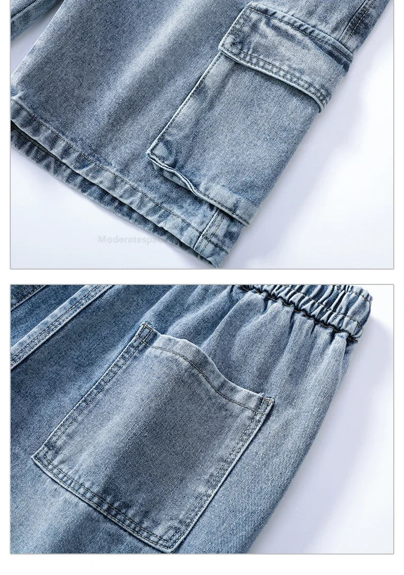 Summer Retro Fashion Denim Shorts for Men Loose Straight Leg Multi-pocket Short Jeans With Elastic Waist and Drawstring Male