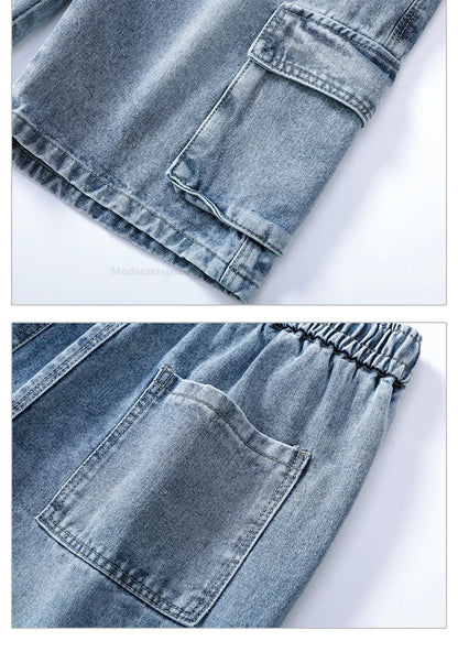 Summer Retro Fashion Denim Shorts for Men Loose Straight Leg Multi-pocket Short Jeans With Elastic Waist and Drawstring Male