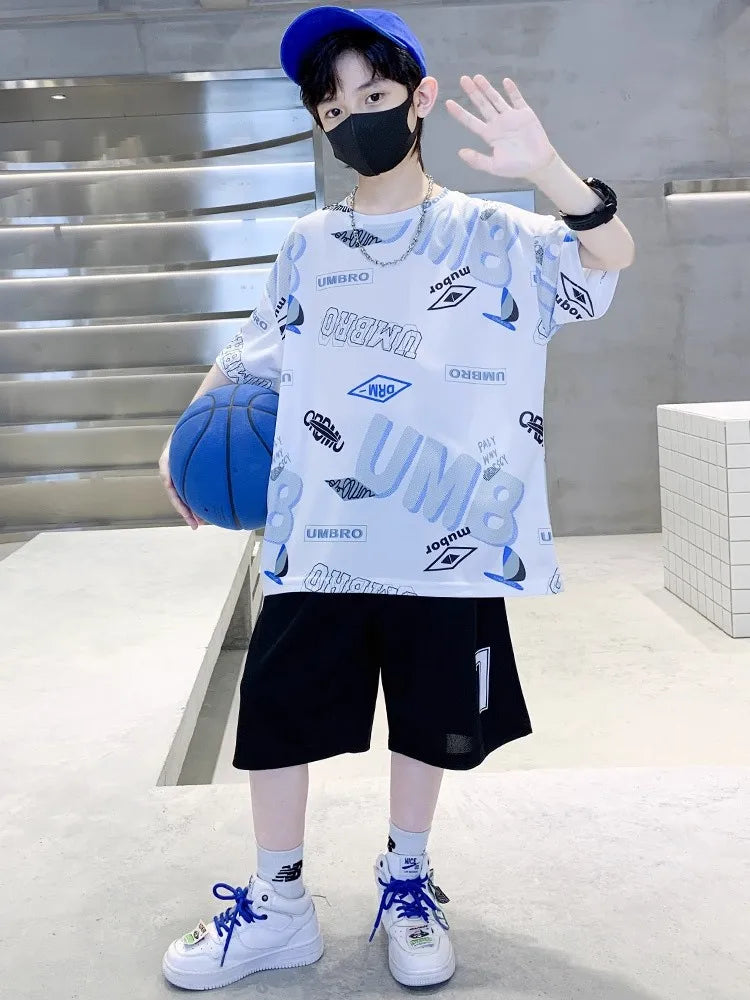 Summer Boys Alphabet Quick-dry T-Shirt Top+Shorts Pant Sportswear Set School Kids 2PCS Tracksuit Children Jersey Outfit 5-16 Yr