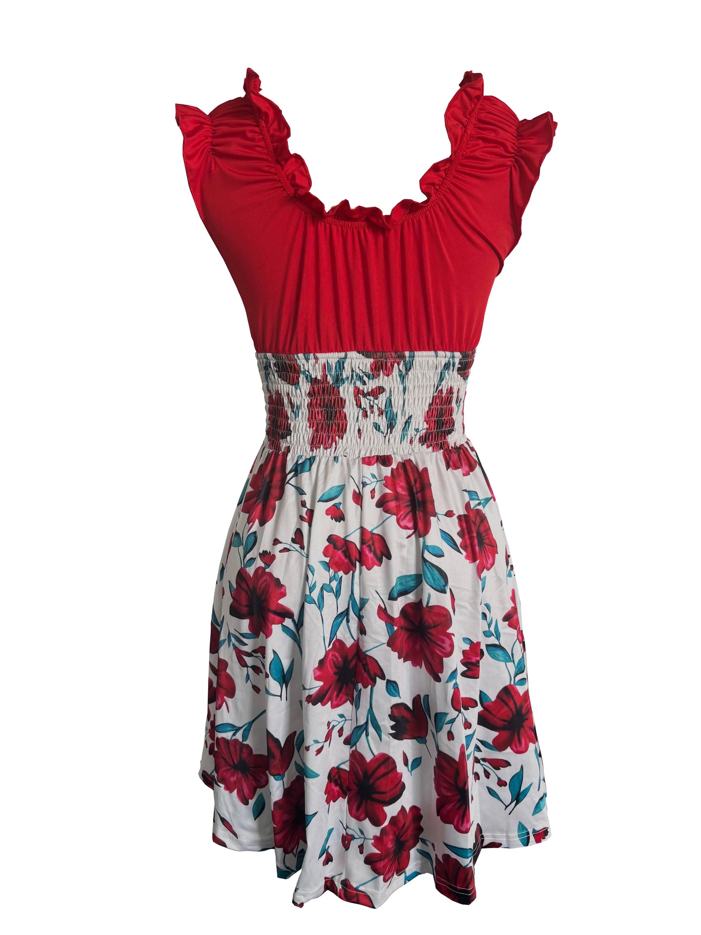 Summer new V-neck slim fit elastic waist women's dress with floral patchwork design, suitable for beach vacations