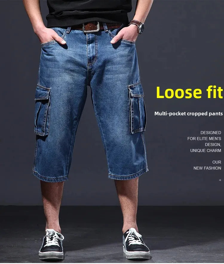Amazon Summer Thin Loose-Fit Multi-Pocket Work Denim Shorts Casual Jeans Men's 5-Piece 7-Piece Ankle Length Blue Straight Leg