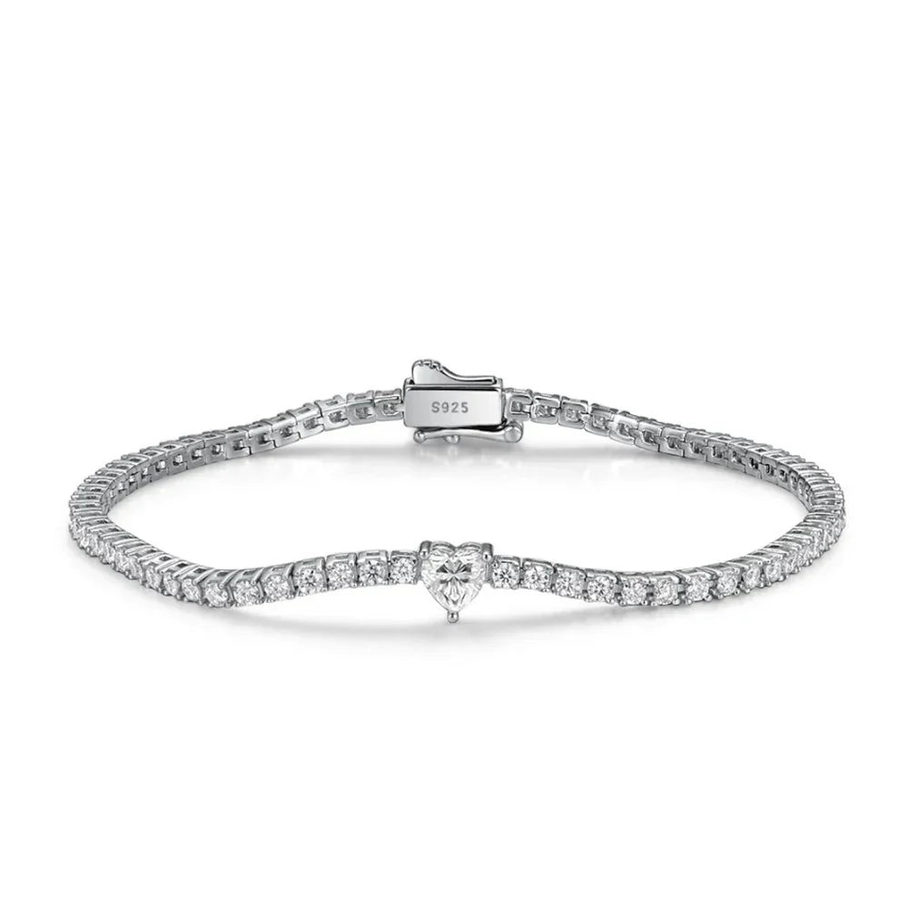 2mm Round Moissanite Tennis Bracelets with 5mm Pink White Heart Cut Diamond Bracelet for Women Men 925 Sterling Silver Bangle