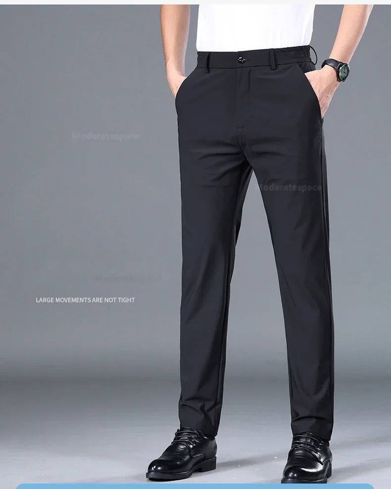 Summer Ultra-thin Casual Pants Men's High Elastic Quick-drying Ice Silk Straight Business Formal Casual Trousers Black Gray