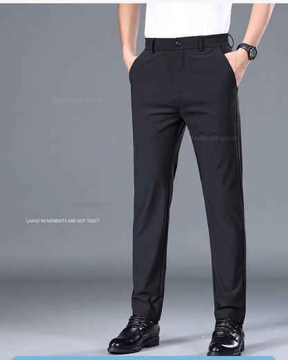 Summer Ultra-thin Casual Pants Men's High Elastic Quick-drying Ice Silk Straight Business Formal Casual Trousers Black Gray