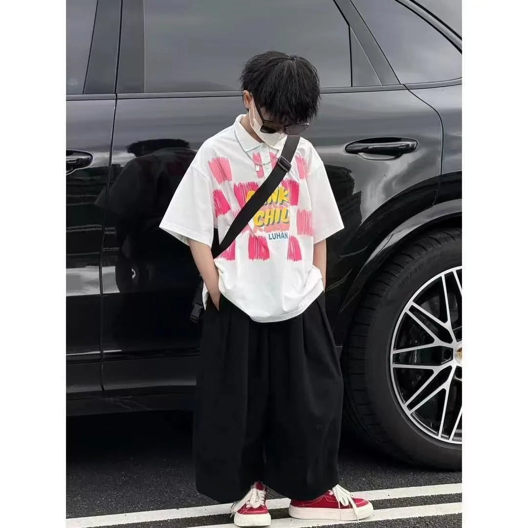 Summer Boys Cotton Stylish Graffiti Alphabet Shirt Top+Plain Wide-Leg Pant Set School Kids 2PCS Tracksuit Children Outfit 7-16Yr