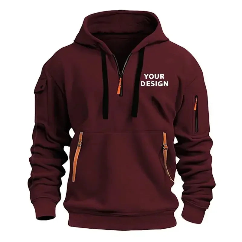 New Men's Sports Zipper Sweater, Loose Casual Sportswear with Arm Pockets, Customized Hooded Jacket with Your Logo