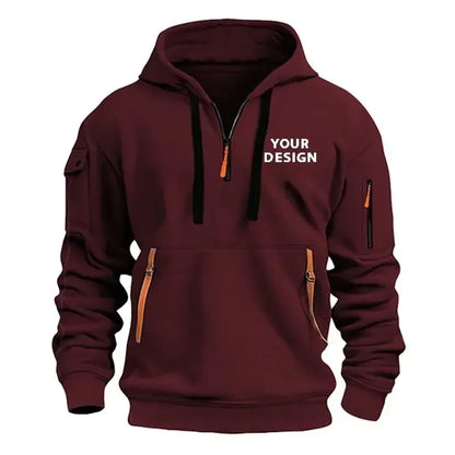 New Men's Sports Zipper Sweater, Loose Casual Sportswear with Arm Pockets, Customized Hooded Jacket with Your Logo