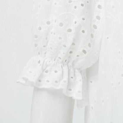 Summer Cotton White Dress for Women Casual Hollow Crochet Bohemian Loose Beach Long Dress Ladies Plus Size Holiday Ruffles Dress