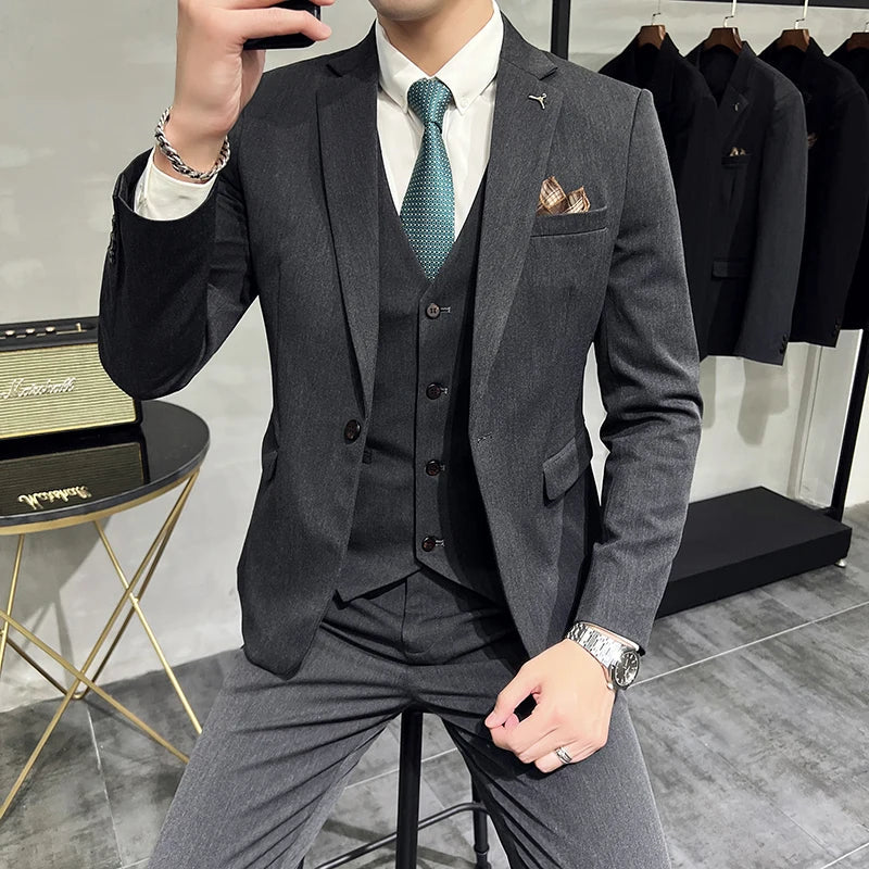 S-7XL Jacket Vest Pants Luxury Elasticity Boutique Fashion Men's Solid Color Casual Business Suit 3-piece Sets Groom Wedding