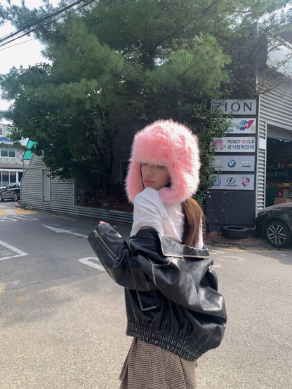 Korean Ins Imitation Mink Plush Hat Winter Women Ear Protection Bomber Hats Fashion Warm Fluffy Faux Fur Ski Beanies Y2k Gift