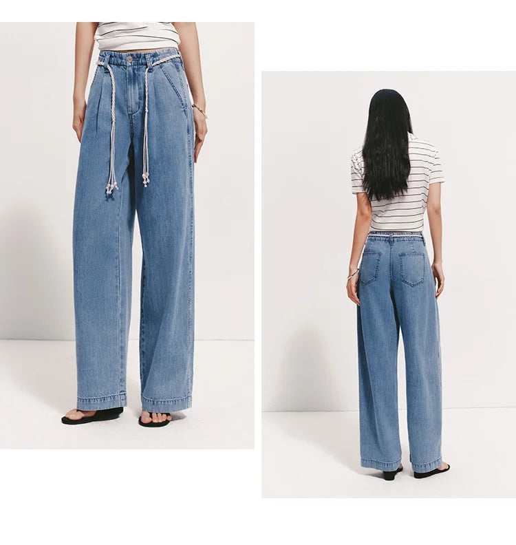 Women Jeans Soft Cool Belted Loose Wide Leg Denim Pants 2026 Summer Casual Daily