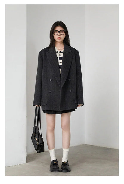 Women Woolen Blazer Loose Vintage V Neck Female Jacket Suit Double Breasted Office Ladies Coat Spring Autumn 2025