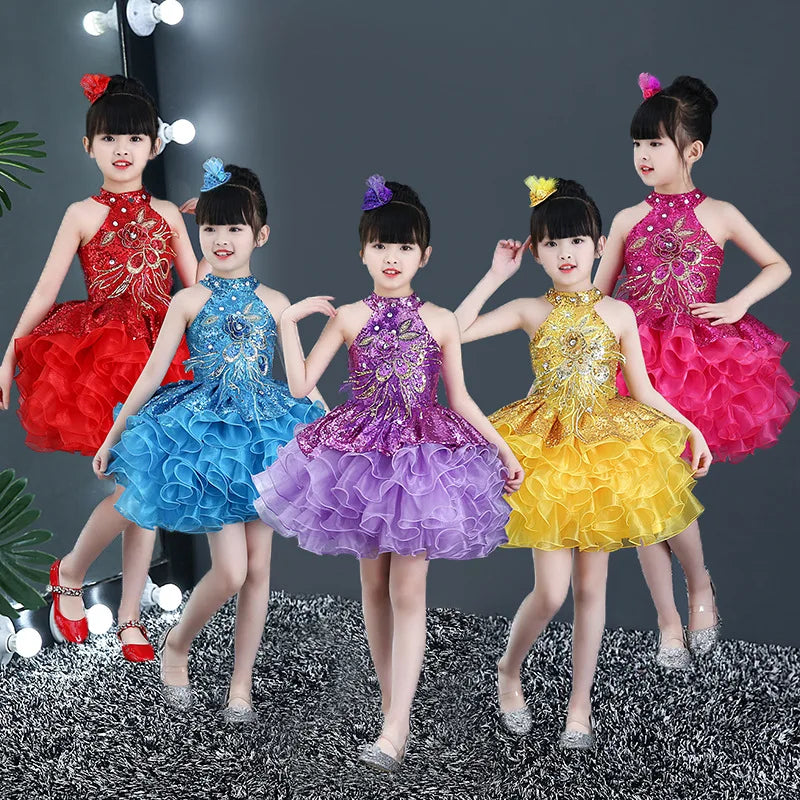 Summer Children's Performance Costume Princess Dress Kids Vestido Stage Sequined Tutu Dance Girl Clothes Baby Dresses Robe Fille