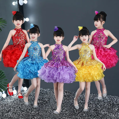 Summer Children's Performance Costume Princess Dress Kids Vestido Stage Sequined Tutu Dance Girl Clothes Baby Dresses Robe Fille
