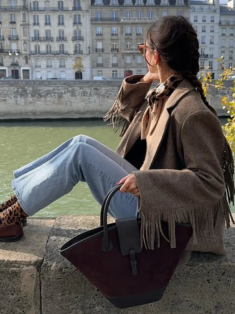Tassels Woolen Suit Jacket Women Elegant Turn-down Collar Long Sleeve Single Breasted Pocket Autumn Winter Coats New Outerwears