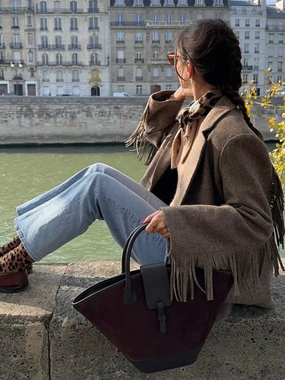 Tassels Woolen Suit Jacket Women Elegant Turn-down Collar Long Sleeve Single Breasted Pocket Autumn Winter Coats New Outerwears