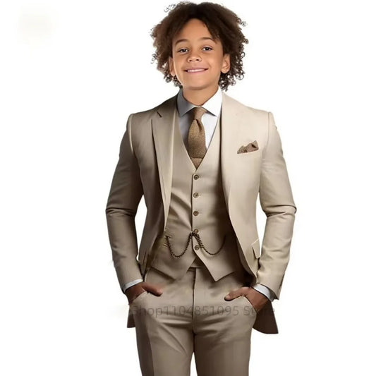 Khaki Boys Suit 3 Piece Groom Tuxedo Notch Lapel Jacket Pants Vest Wedding Party Birthday Gift Kids Slim Fit Blazer Child Suits