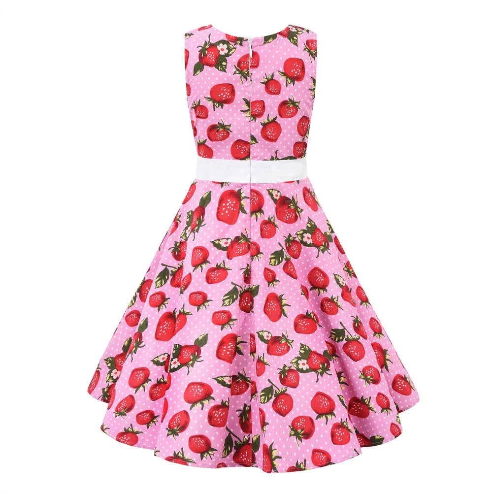 LPATTERN Girls' Vintage Rockabilly Dress Party Retro Polka Dot Floral Pattern A-line Dresses Pleated Skirt Knee-Length for 4-10Y